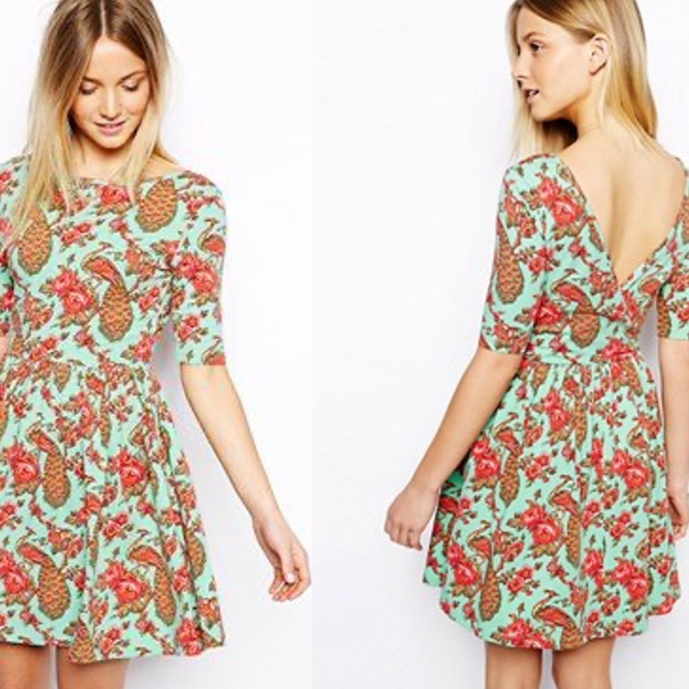ASOS Skater Dress with Wrap Back in Peacock Print